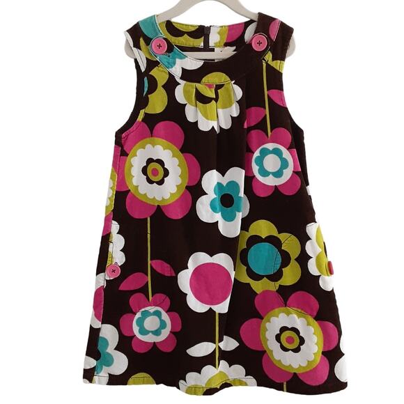 Mini Boden Corduroy Pinnie Chocolate Brown Pinafore Dress Mod Floral Girls 7/8 - Picture 1 of 8